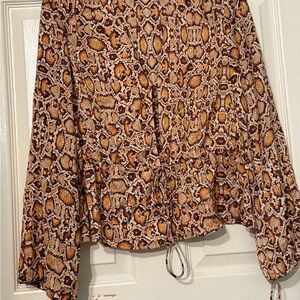 MNG  orange/brown ish Snake Print Blouse mini bottoms with bell sleeves size 2